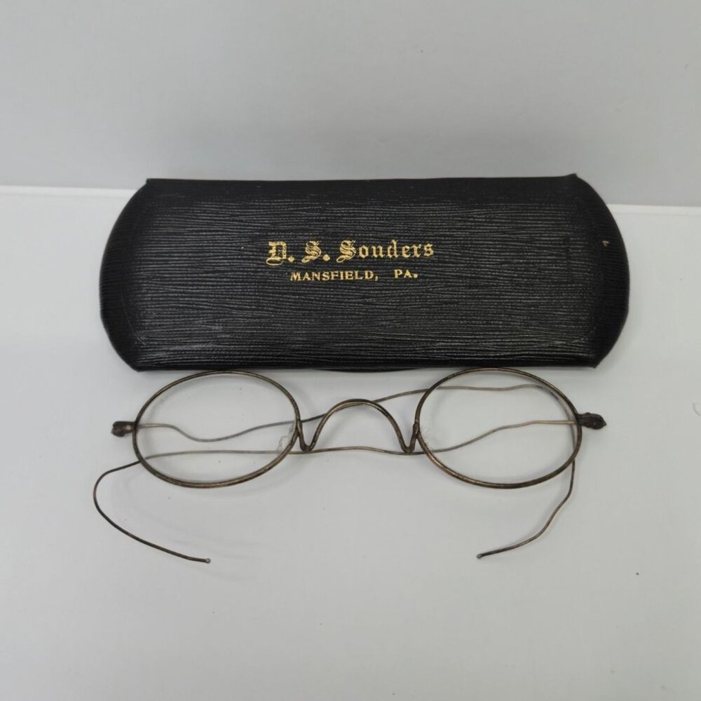 Vintage Mansfield PA Round Wire Eyeglasses Antique Collectible Wire Rim  & case